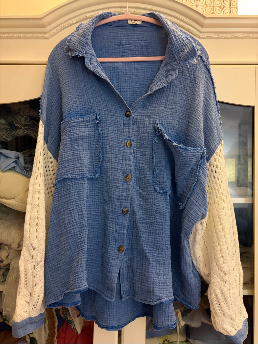 💙🤍POL Mixed Media Crochet Knit Oversized Button Down Top — Size L
